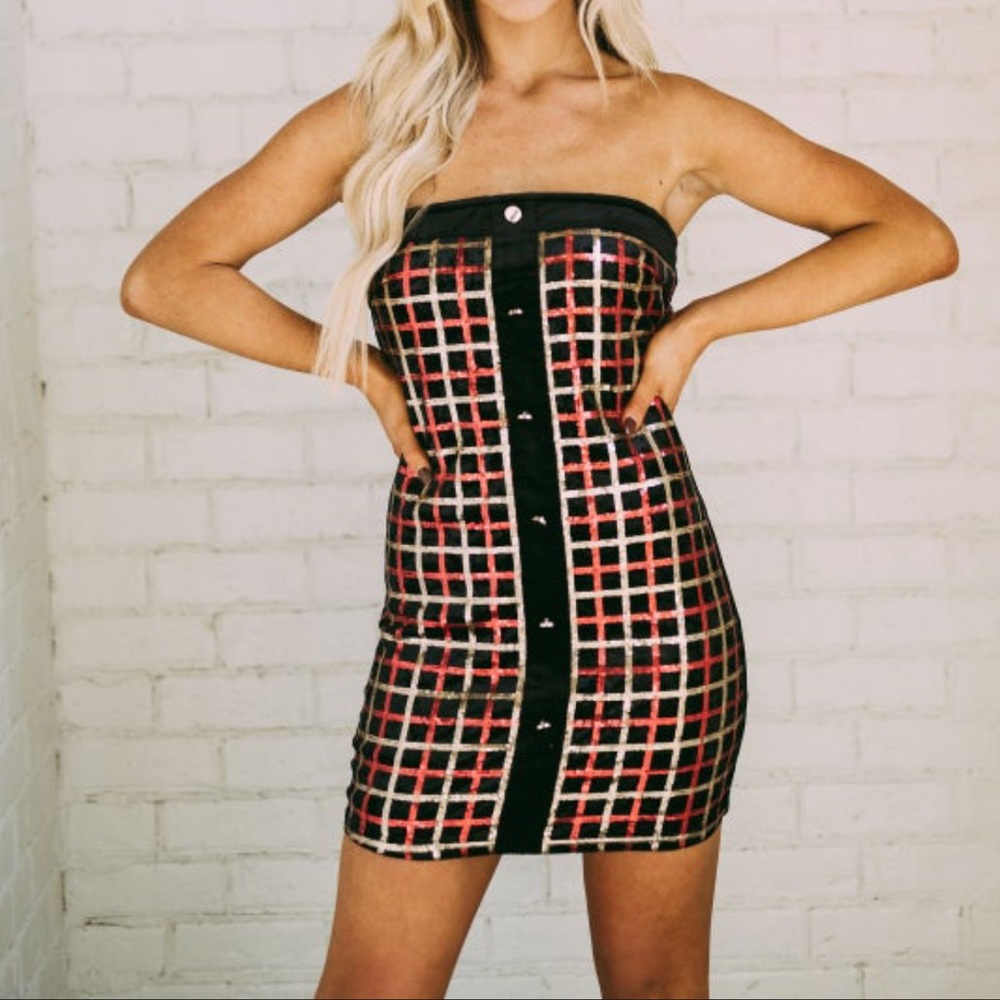 Grid Sequin Button Down Dress